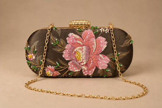 Handcrafted Brown Floral Embroidered Clutch