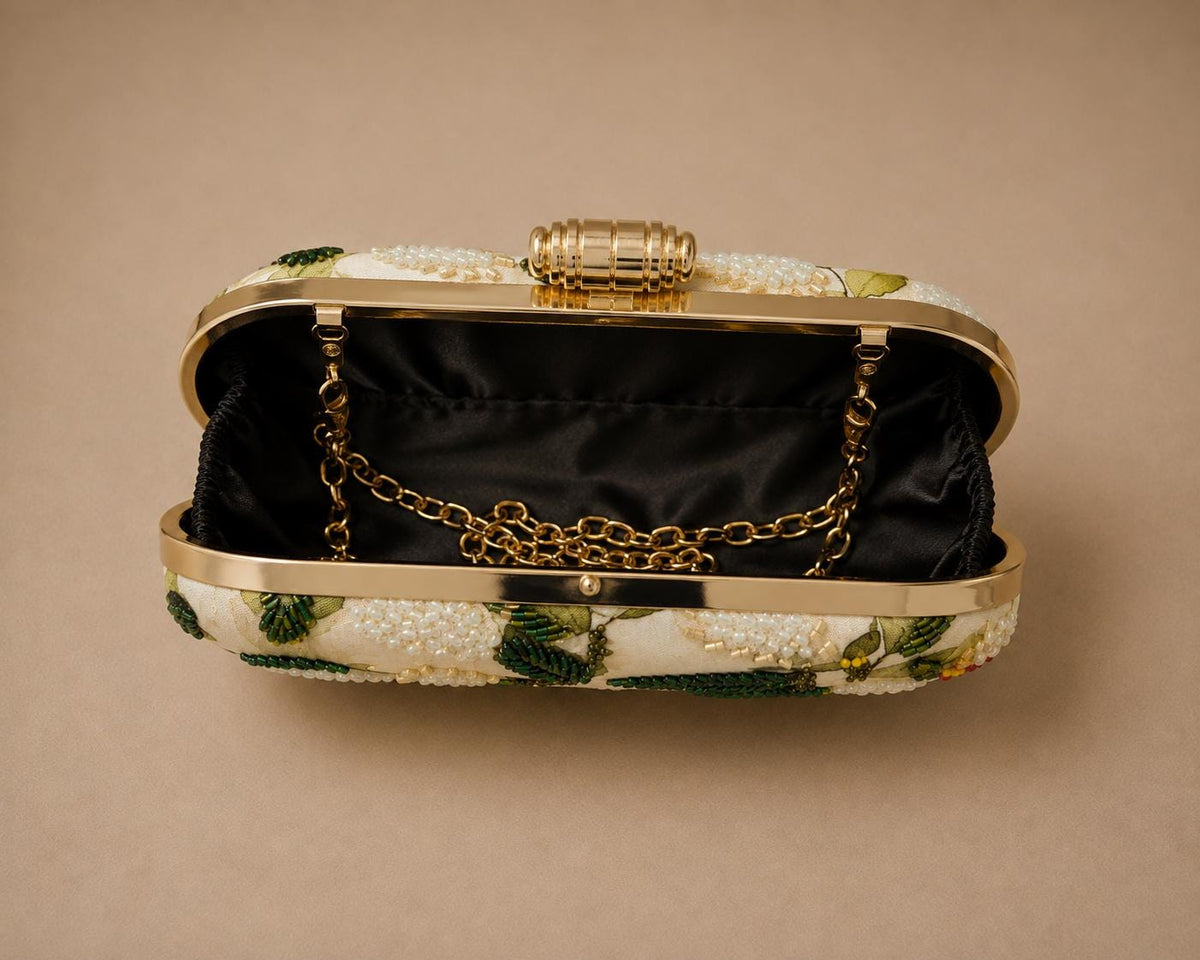 Handcrafted Ivory Floral Embroidered Clutch