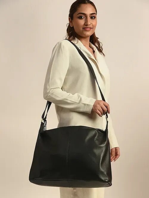 Black Leather Tote Bag with Adjustable Strap