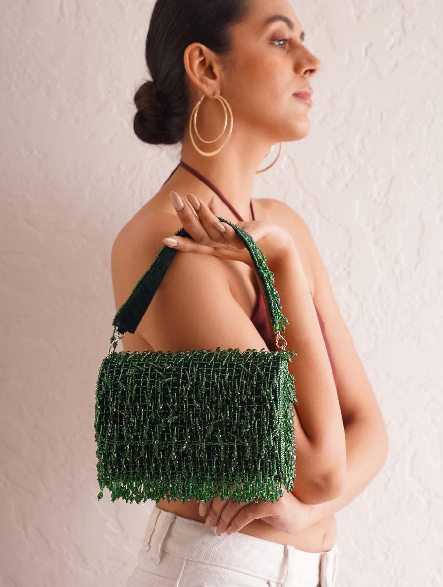 Green Embroidered Clutch Bag with Chain Strap