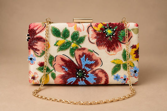Handcrafted Off-White Floral Embroidered Clutch