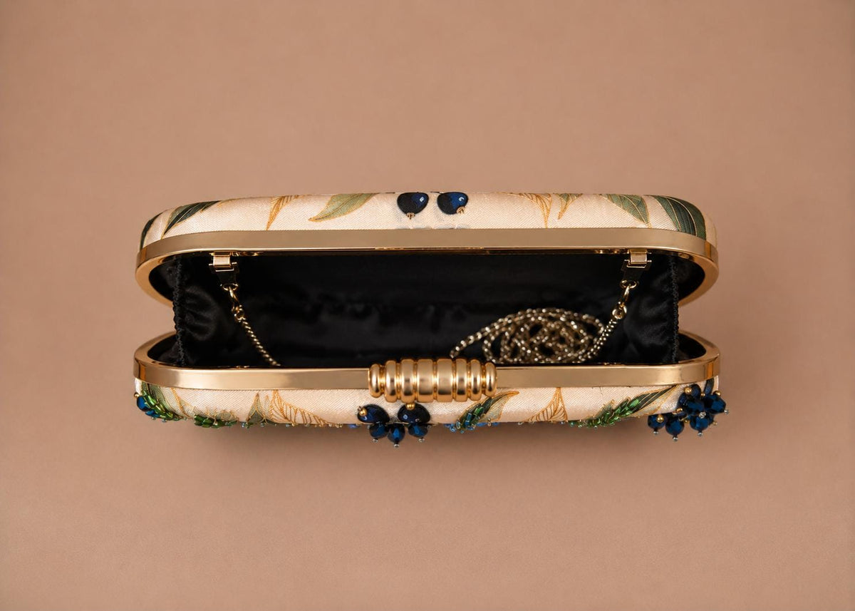 Handcrafted Beige Oval Floral Embroidered Clutch