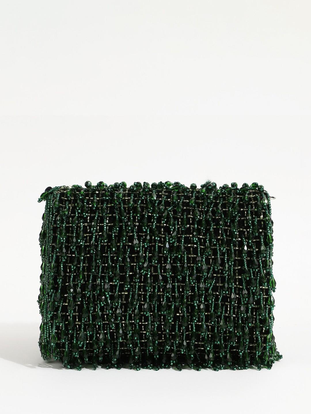 Green Embroidered Clutch Bag with Chain Strap