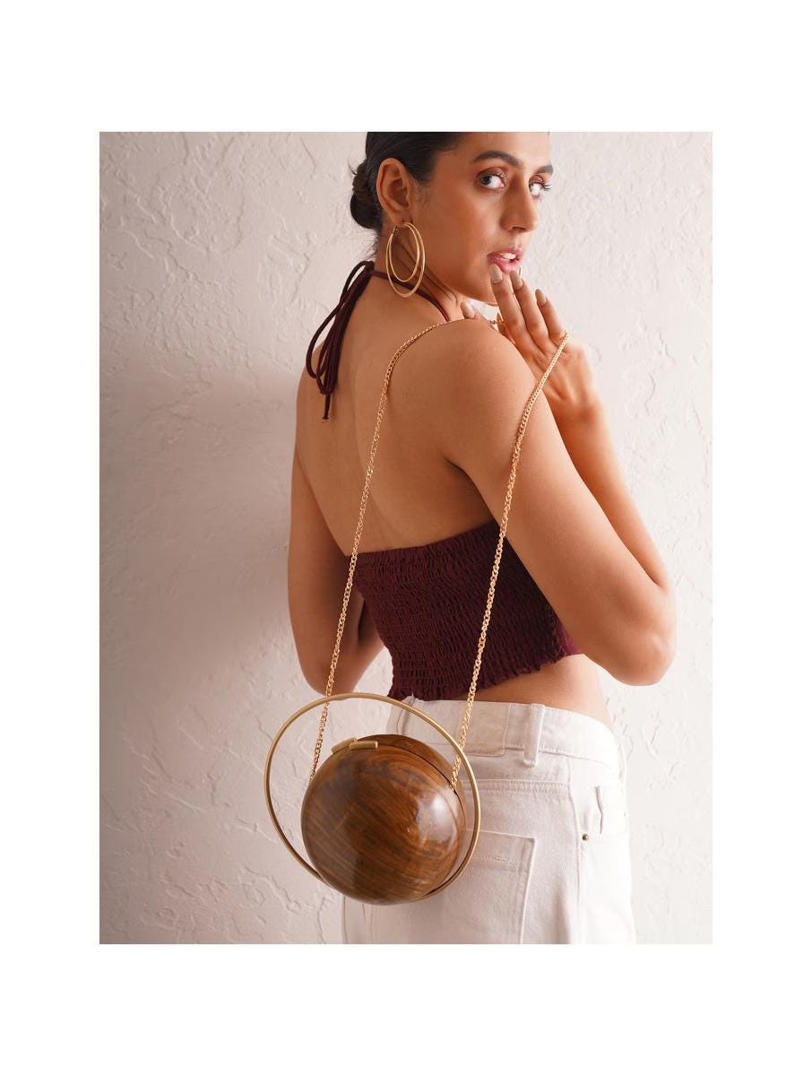 Handcrafted Wooden Ball Clutch with Brass Handle