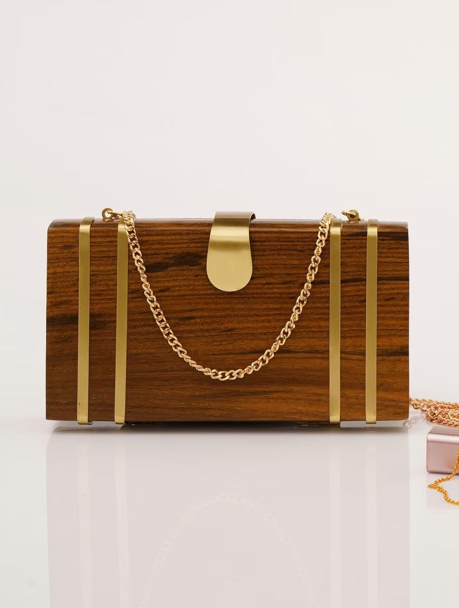 Handcrafted Wooden Rectangular Clutch with Brass Handle