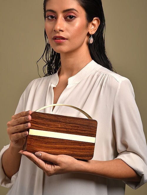 Handcrafted Wooden Clutch with Curved Handle