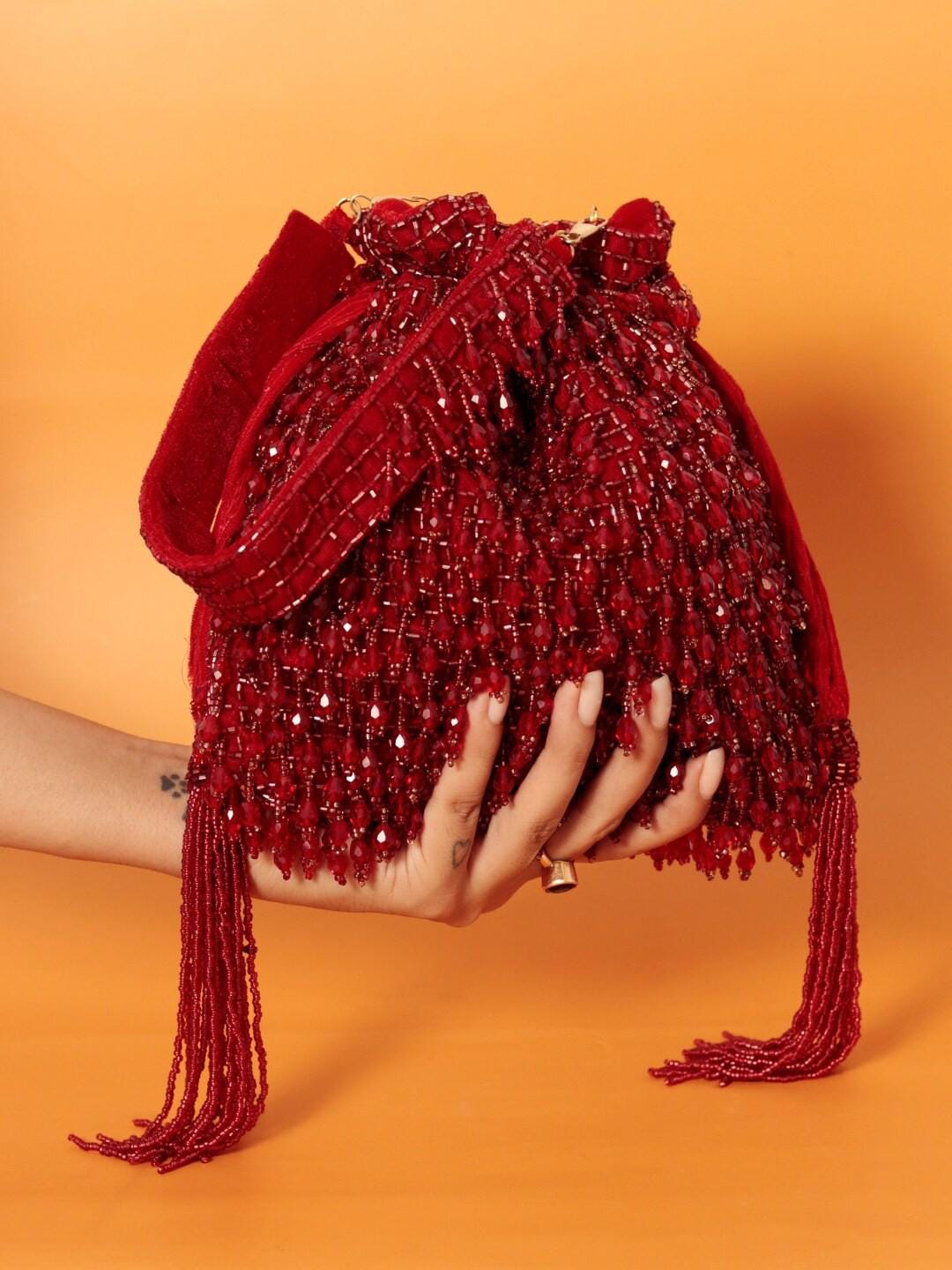 Red Handcrafted Embroidered Potli Bag with Tassels