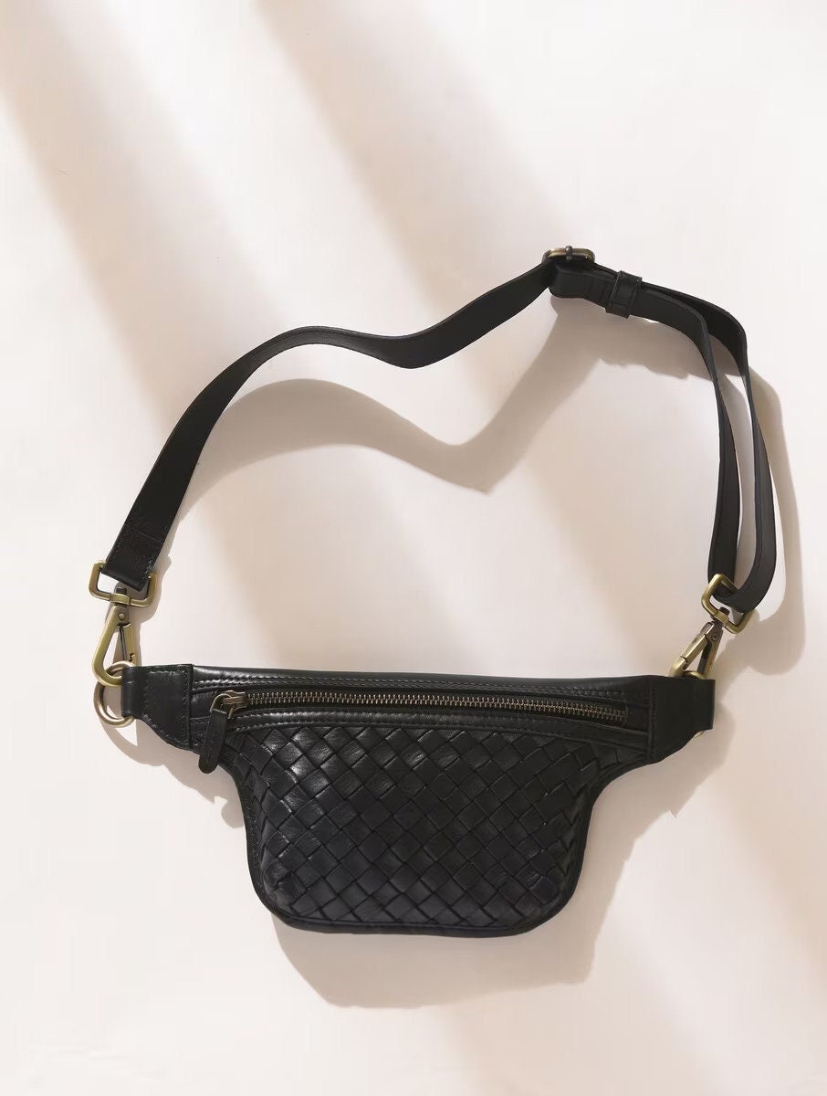 Black Woven Leather Belt Bag