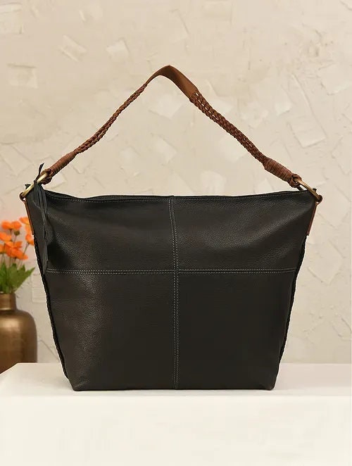 Black Genuine Leather Tote Bag with Sling Strap