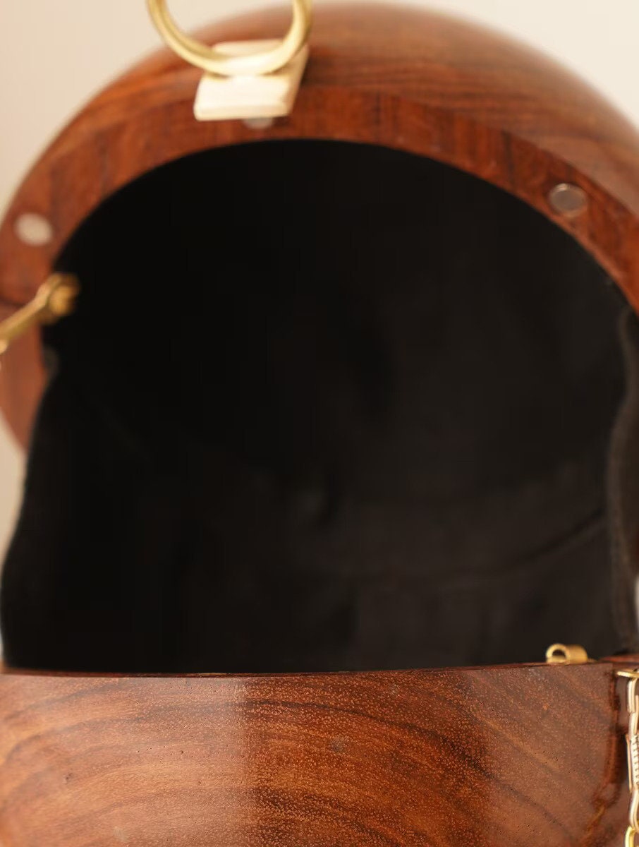 Handcrafted Wooden Orb Clutch with Double-Sphere Handle