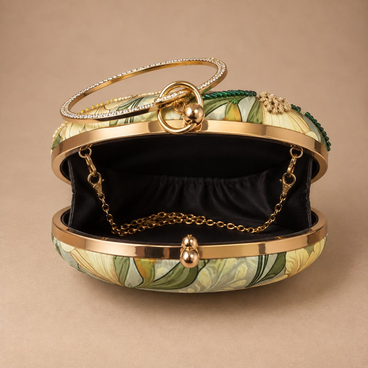 Handcrafted Light Green Round Floral Embroidered Clutch