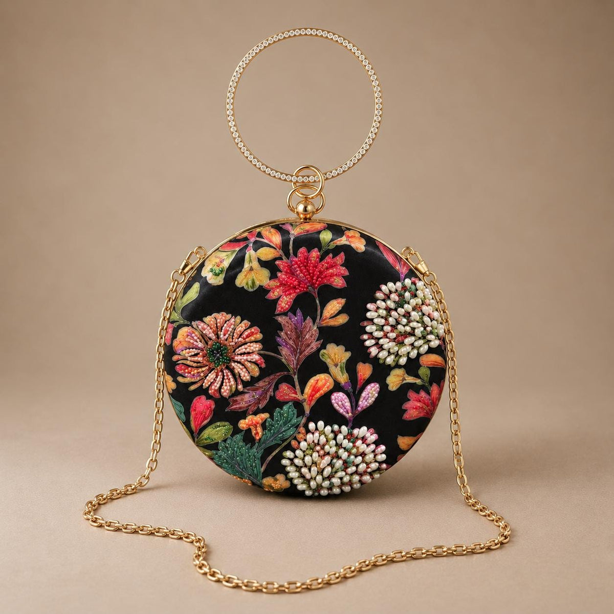 Handcrafted Black Floral Embroidered Round Clutch