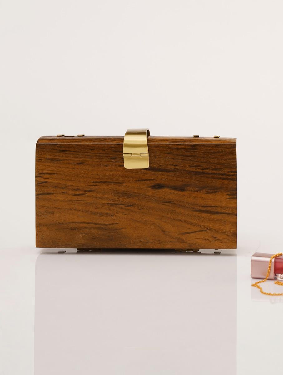 Handcrafted Wooden Rectangular Clutch with Brass Handle