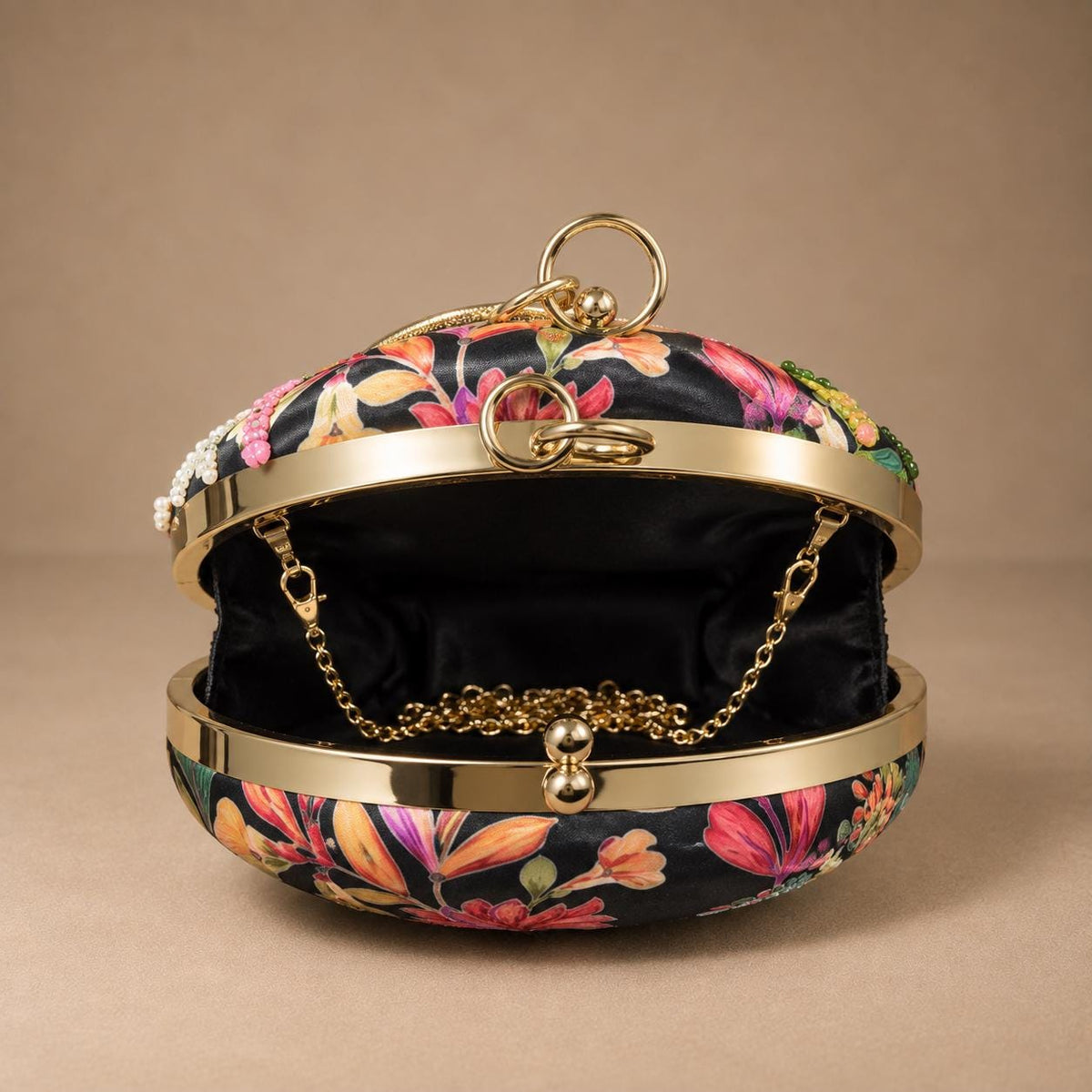 Handcrafted Black Floral Embroidered Round Clutch