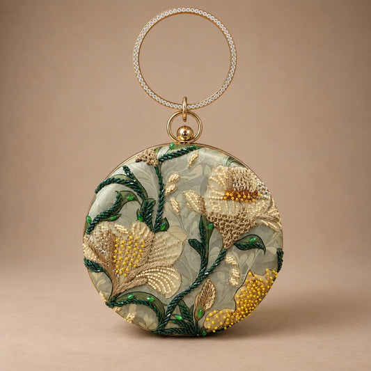 Handcrafted Light Green Round Floral Embroidered Clutch
