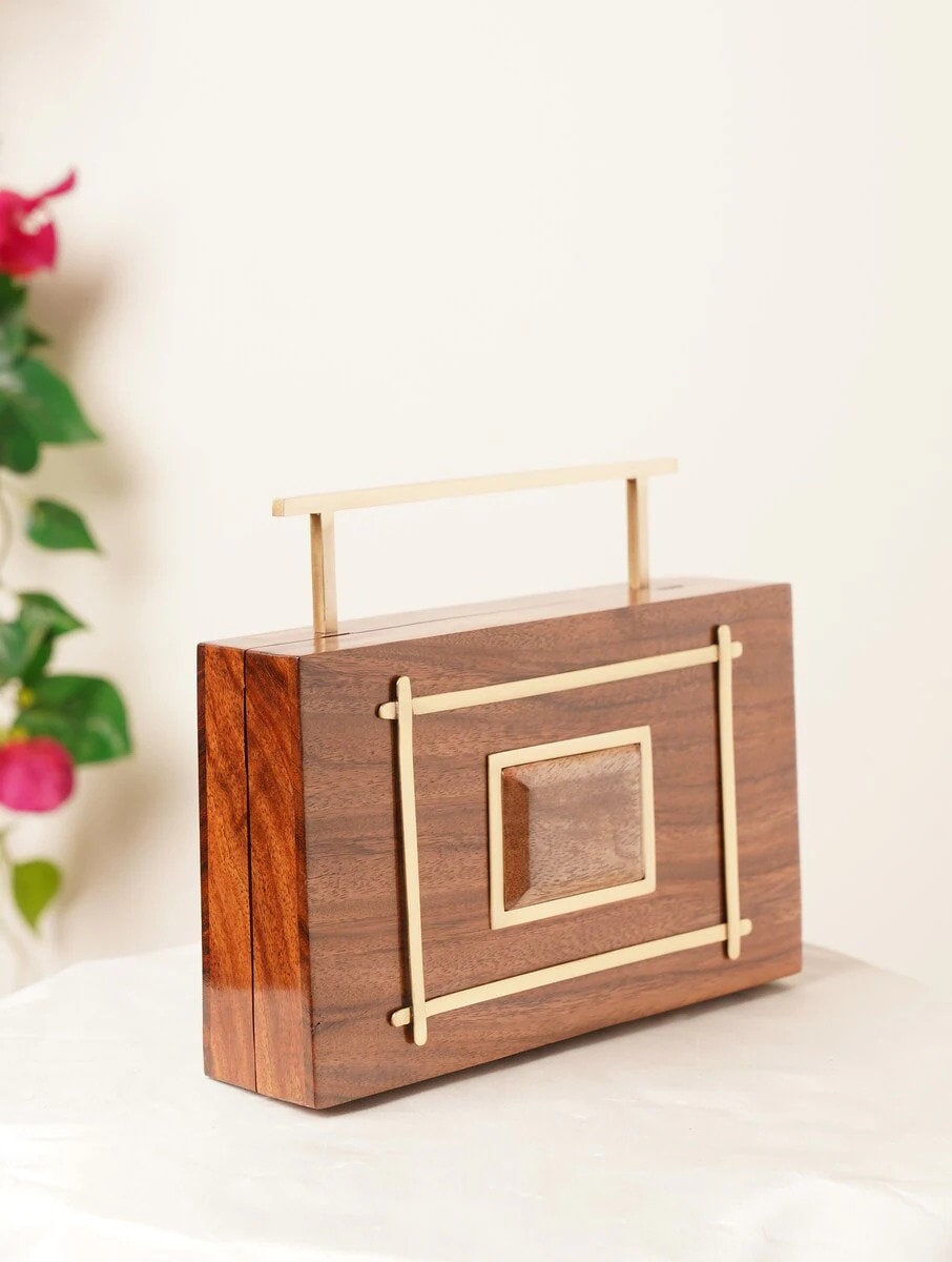 Handcrafted Wooden Rectangular Clutch with Brass Frame