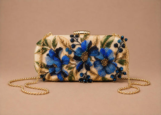 Handcrafted Beige Oval Floral Embroidered Clutch