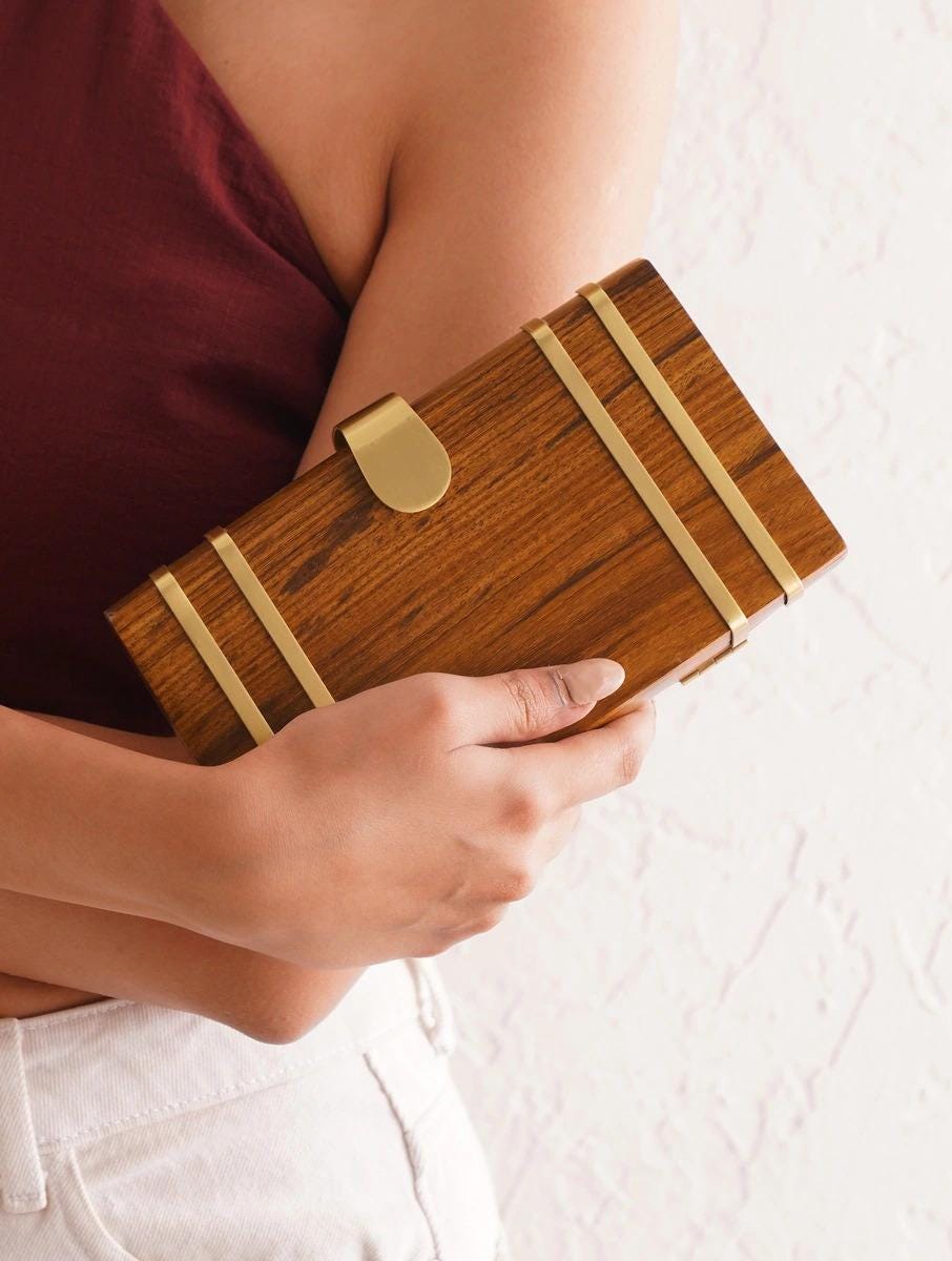 Handcrafted Wooden Rectangular Clutch with Brass Handle