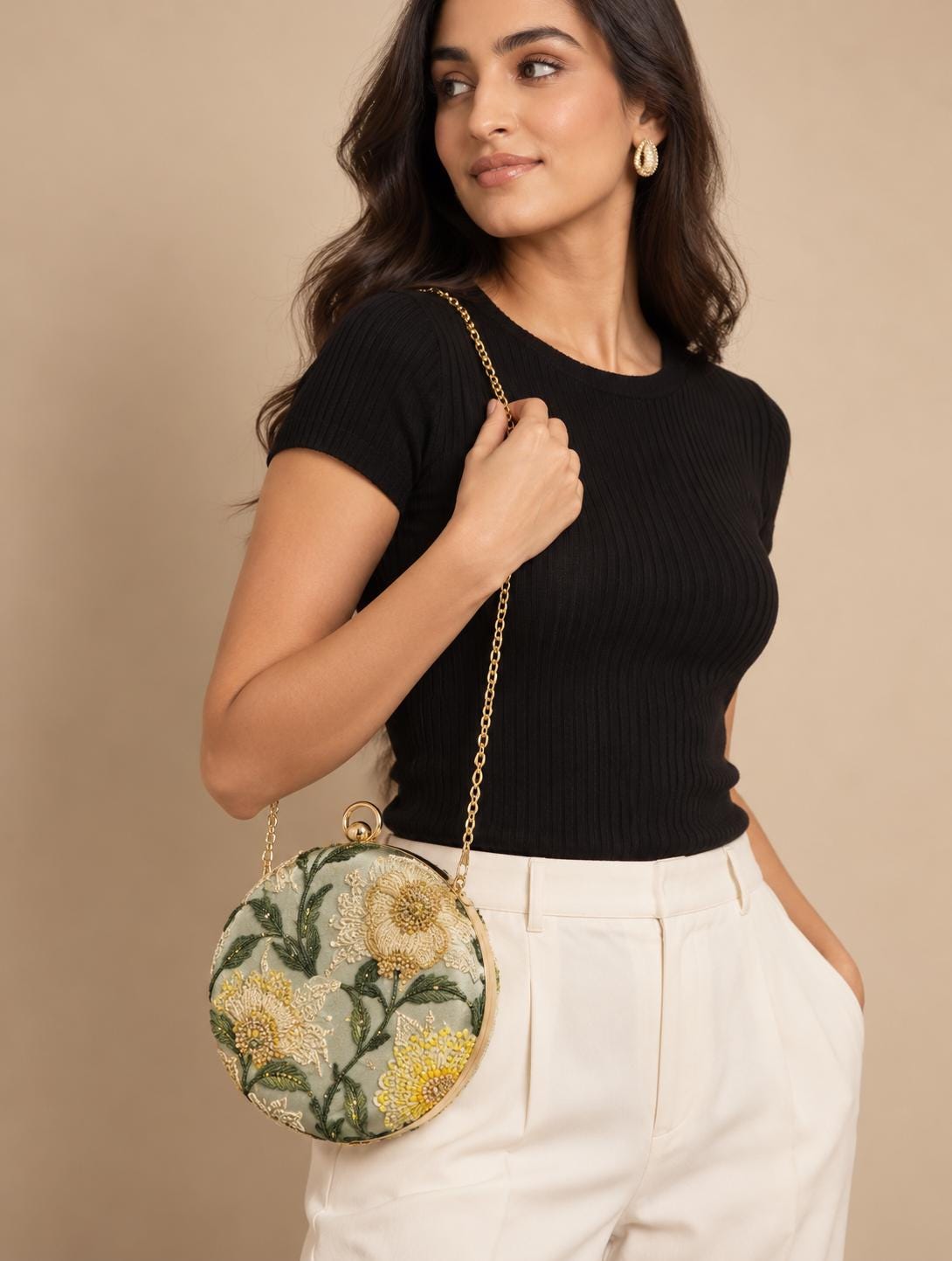 Handcrafted Light Green Round Floral Embroidered Clutch