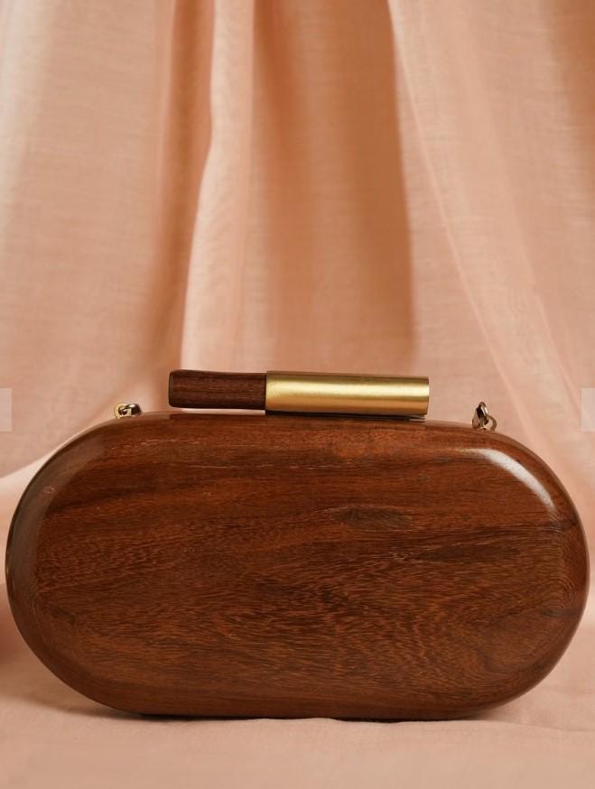 Handcrafted Wooden Pebble Clutch with Brass Handle