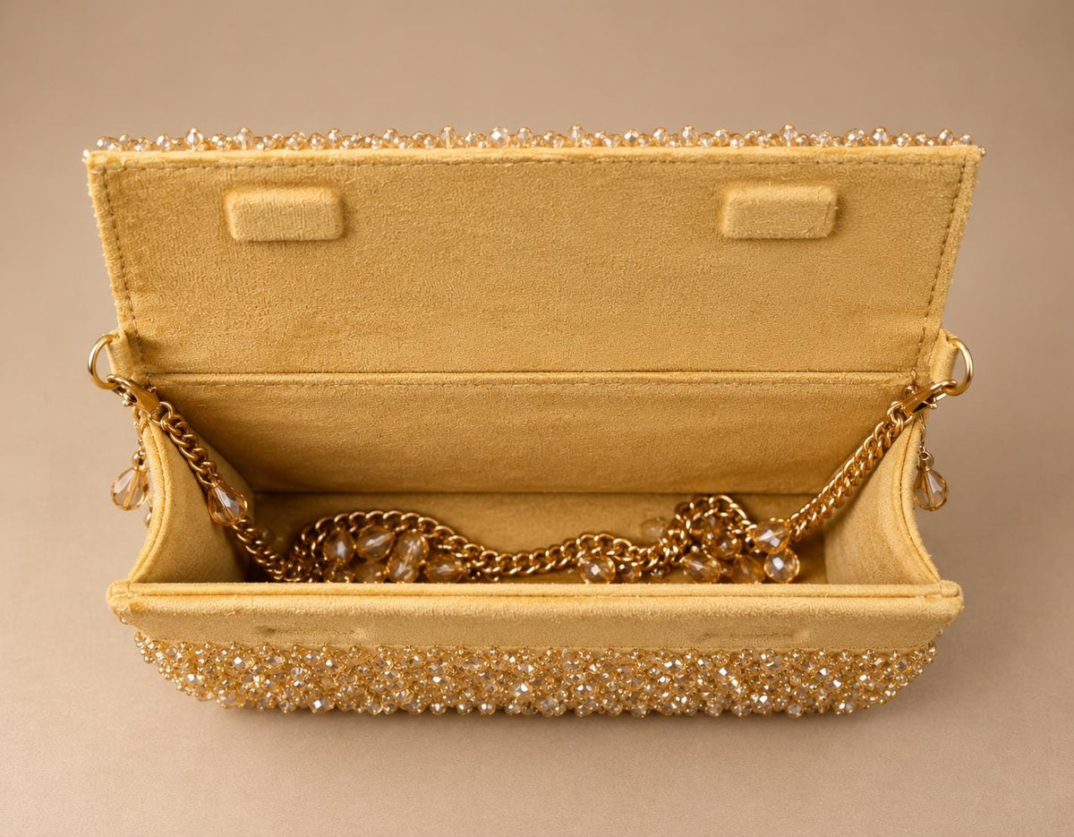 Handcrafted Gold Embroidered Clutch with Chain