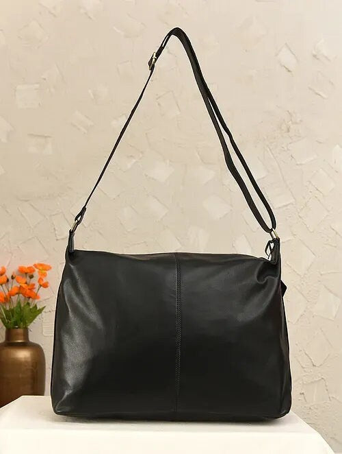Black Leather Tote Bag with Adjustable Strap