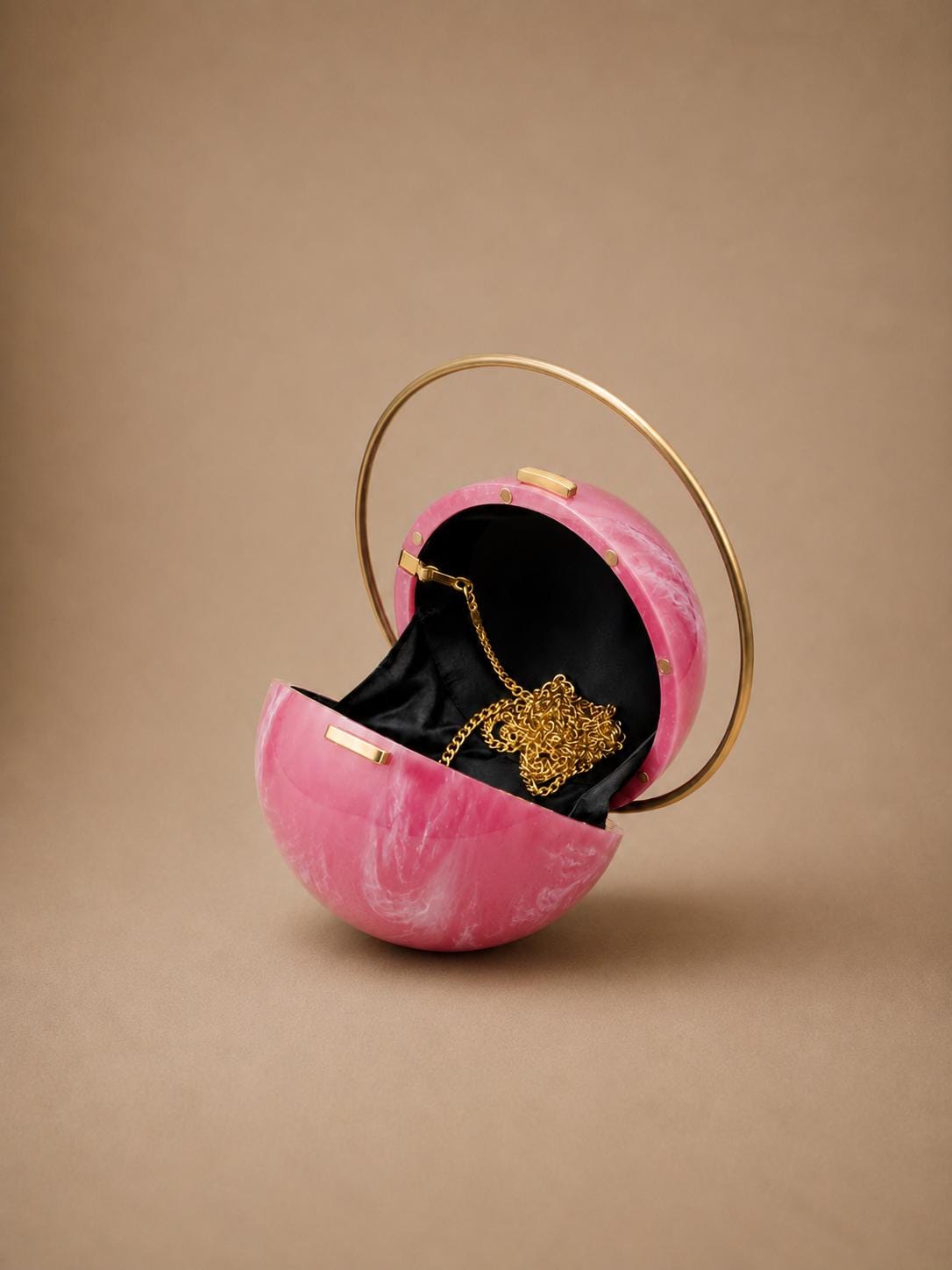 Pink Marble Resin Clutch with Brass Handle