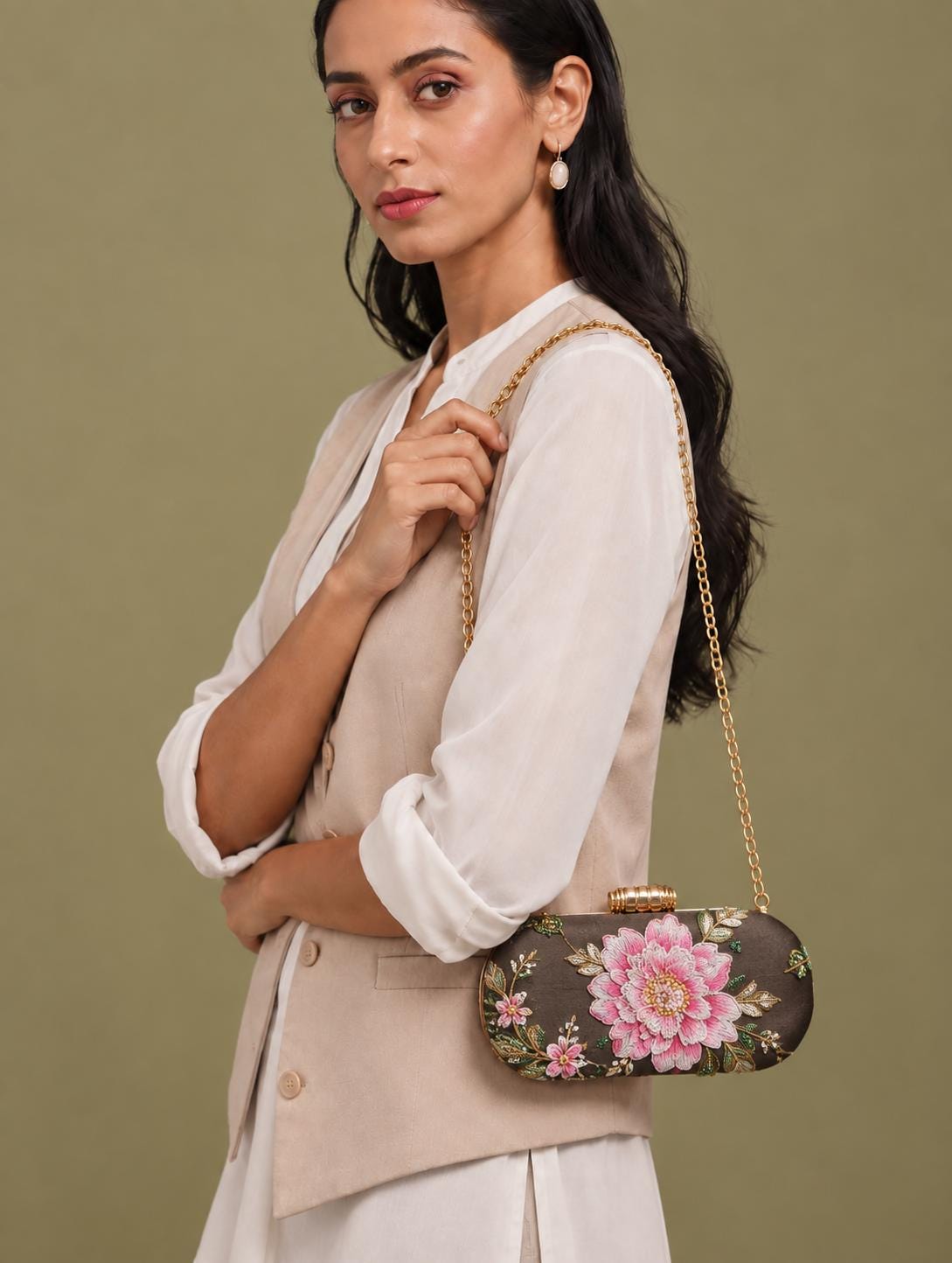 Handcrafted Brown Floral Embroidered Clutch