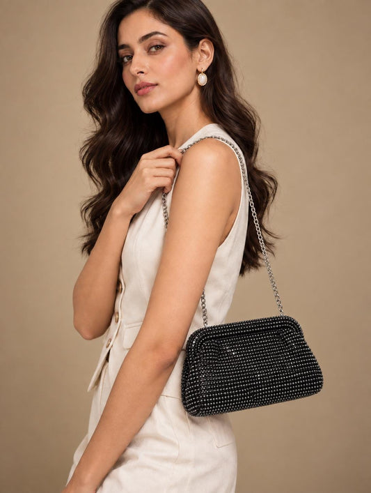 Black Embellished Evening Clutch with Chain Strap