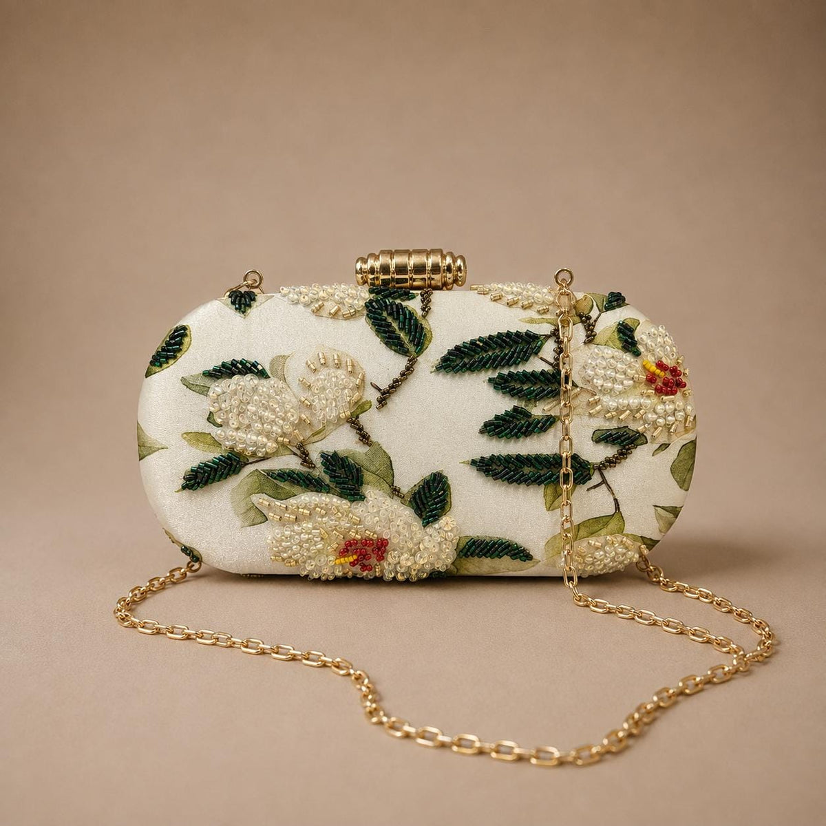 Handcrafted Ivory Floral Embroidered Clutch