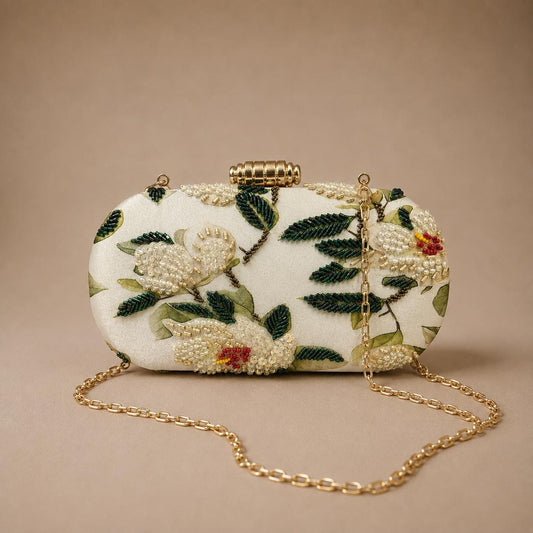Handcrafted Ivory Floral Embroidered Clutch