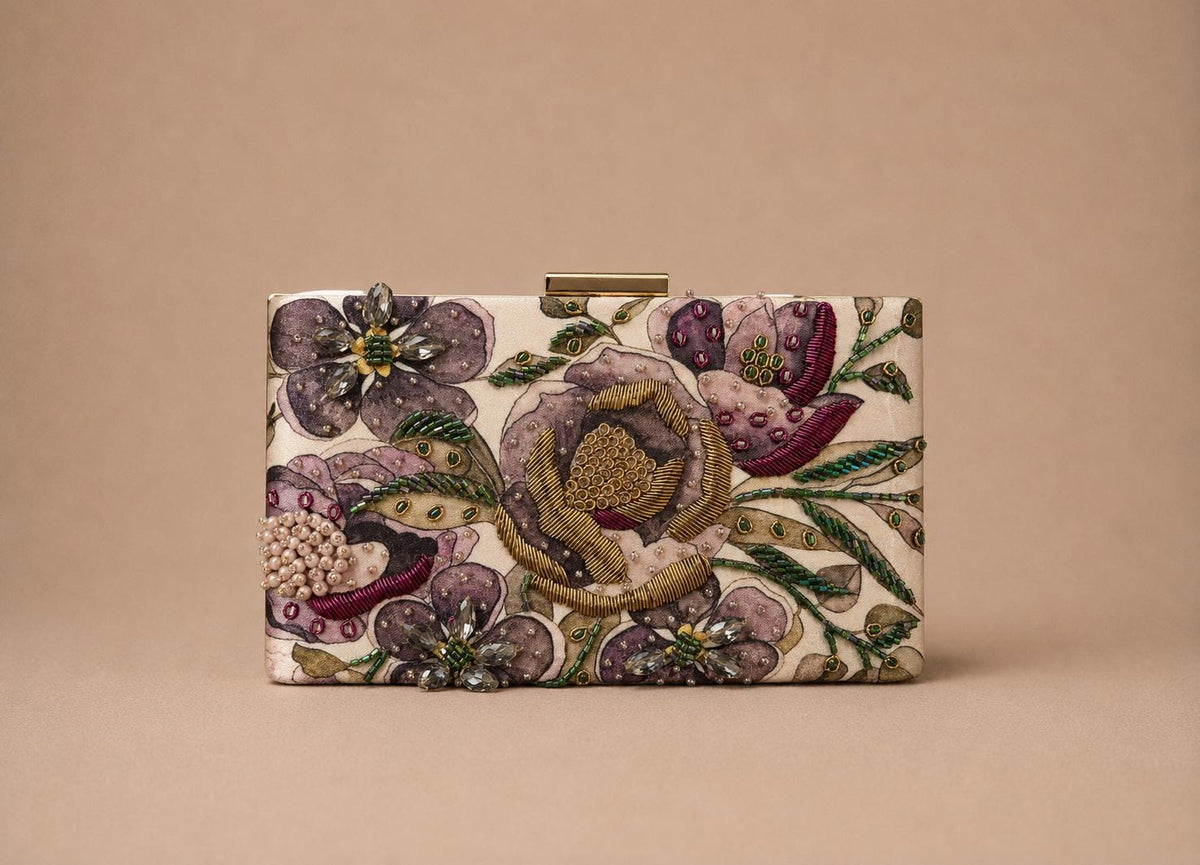Handcrafted Beige Floral Embroidered Clutch with Gold-Tone Frame