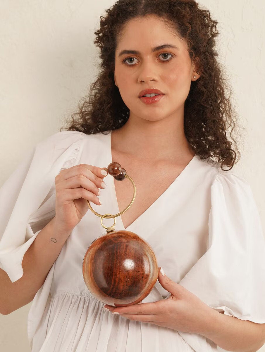 Handcrafted Wooden Orb Clutch with Double-Sphere Handle