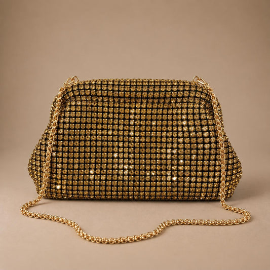 Gold Embellished Evening Clutch with Chain Strap