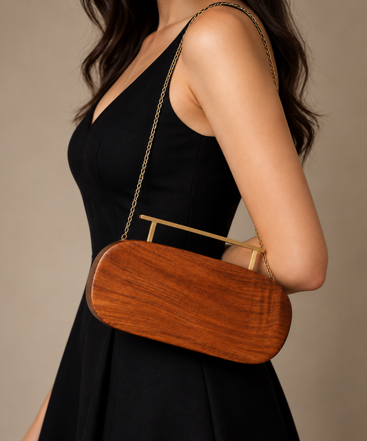 Handcrafted Wooden Clutch Bag with Brass Handle