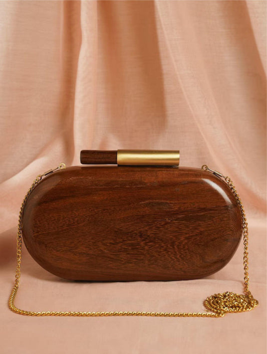 Handcrafted Wooden Pebble Clutch with Brass Handle