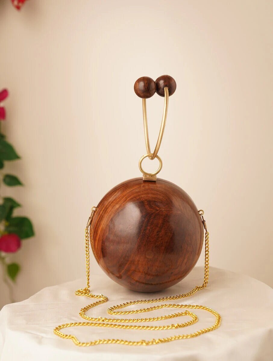 Handcrafted Wooden Orb Clutch with Double-Sphere Handle