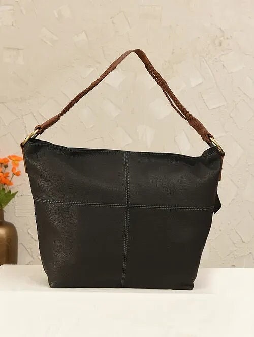 Black Genuine Leather Tote Bag with Sling Strap
