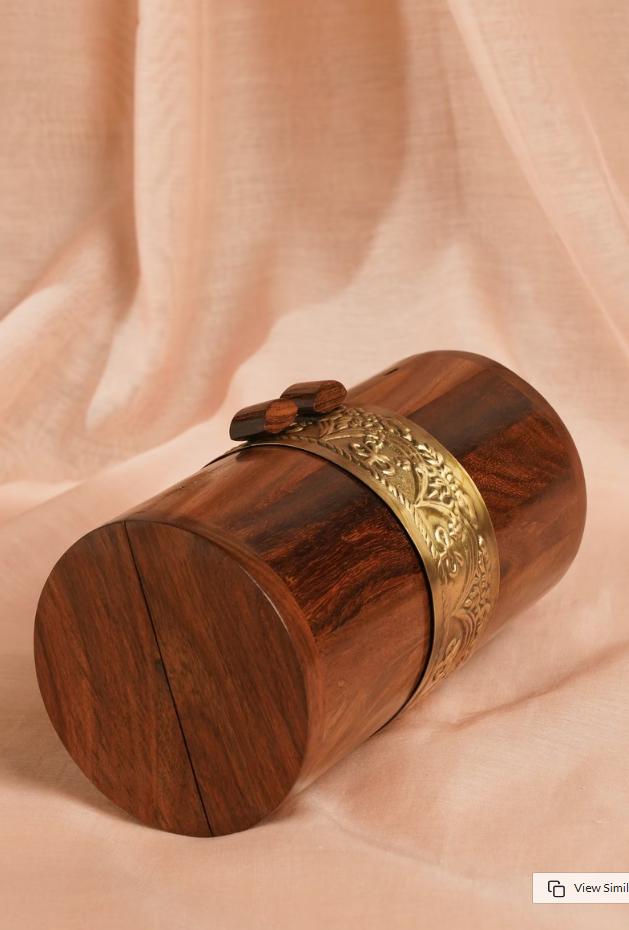 Handcrafted Wooden Barrel Clutch with Brass Handle