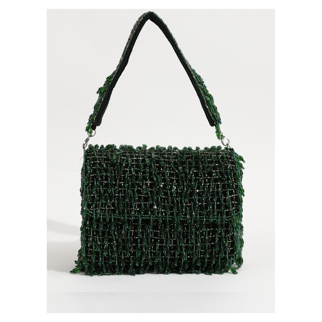 Green Embroidered Clutch Bag with Chain Strap