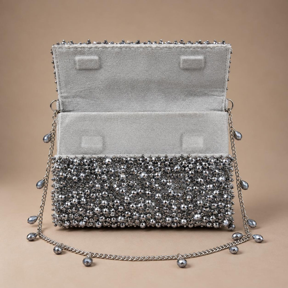 Handcrafted Silver Embroidered Clutch with Chain