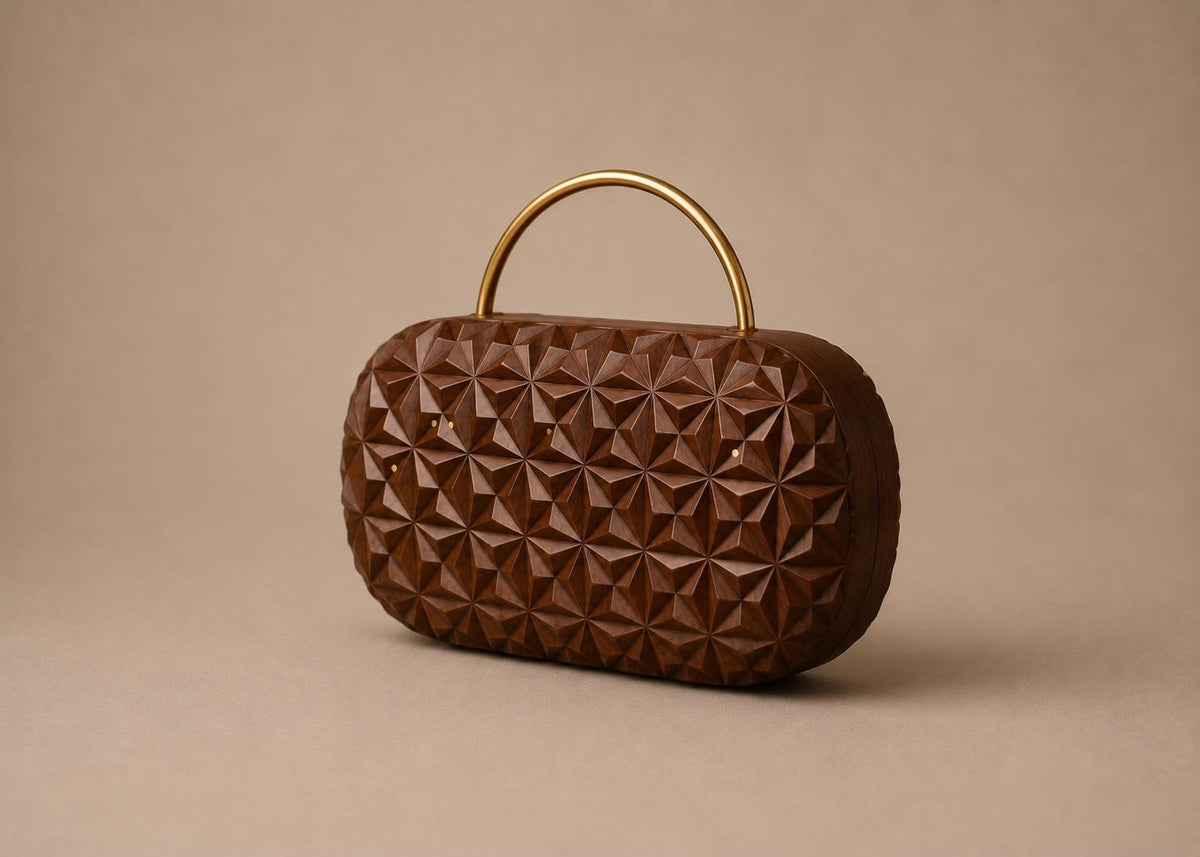 Handcrafted Engraved Oval Wooden Clutch with Brass Handle