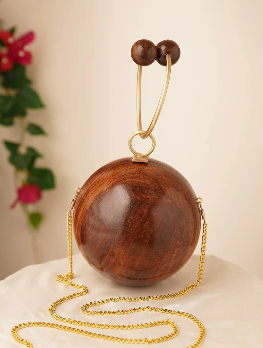 Handcrafted Wooden Orb Clutch with Double-Sphere Handle