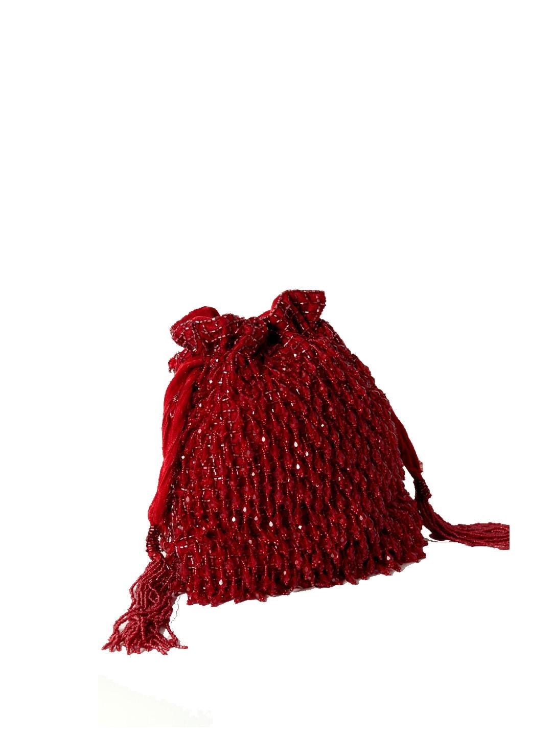Red Handcrafted Embroidered Potli Bag with Tassels