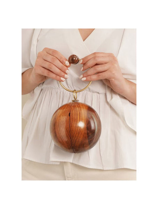 Handcrafted Wooden Orb Clutch with Double-Sphere Handle
