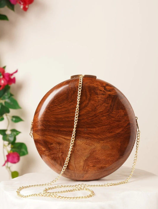 Handcrafted Round Wooden Clutch with Gold Chain
