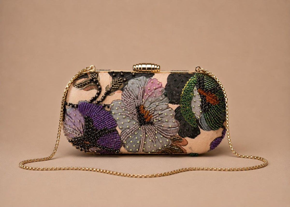 Handcrafted Beige Floral Embroidered Clutch with Chain
