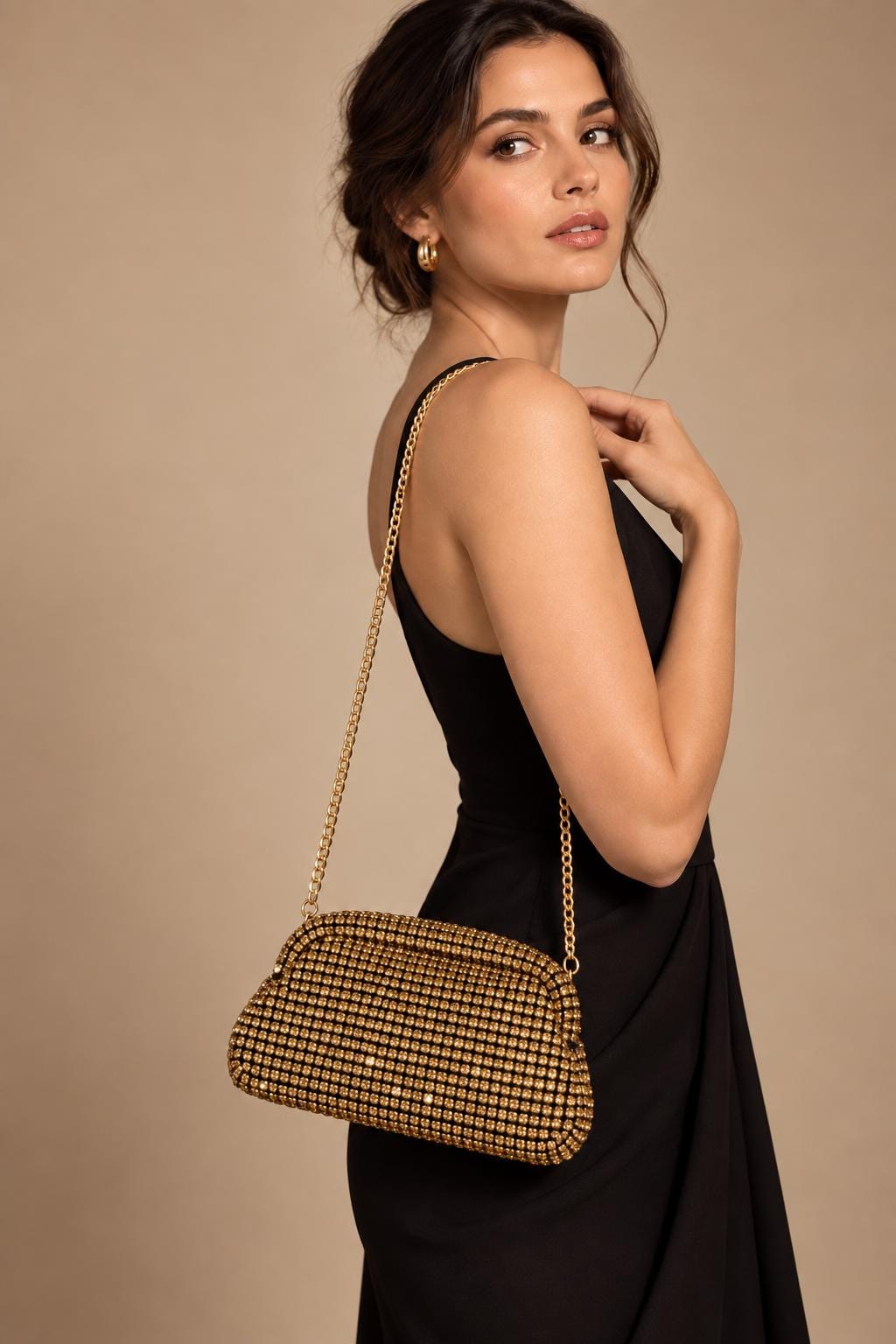 Gold Embellished Evening Clutch with Chain Strap