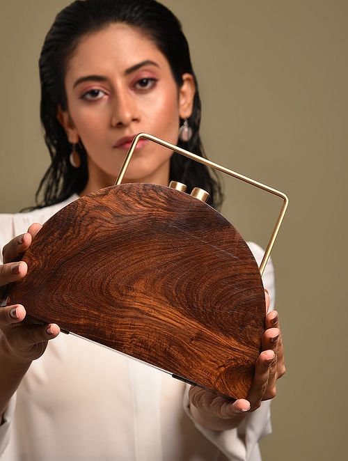Handcrafted Wooden Half-Moon Clutch with Brass Handle