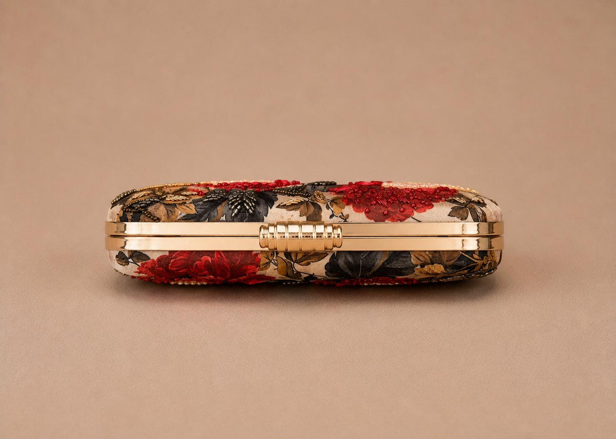 Handcrafted Beige Oval Floral Embroidered Clutch